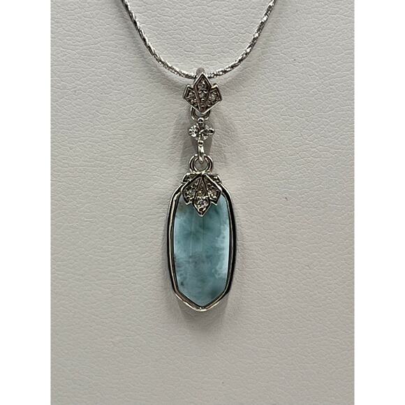 Larimar CZ Pendant Necklace Intricate Sterling Silver Setting and Chain - Picture 2 of 10